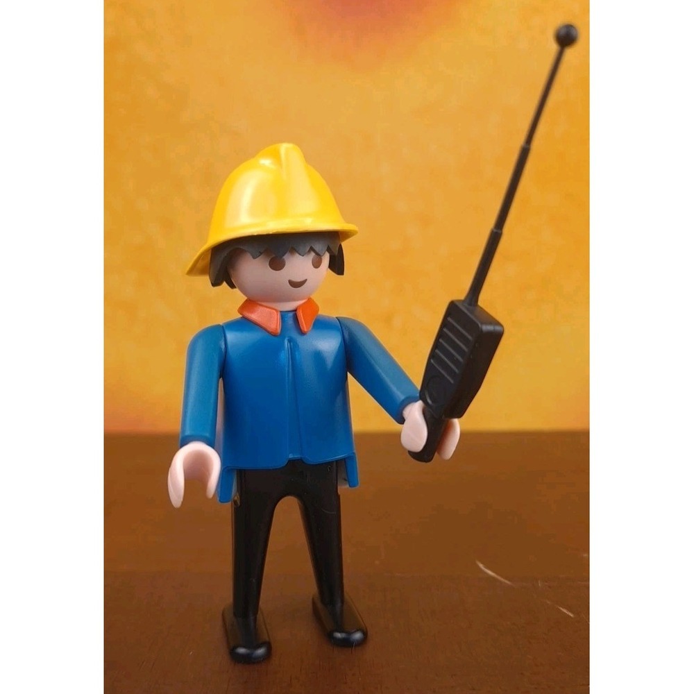 Vtg 1974 Geobra Playmobil Figure With Blue Shirt & Black Pants Yellow Hat Radio